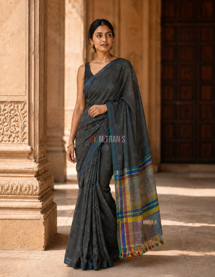 Bandhani Bhujodi Tussar Cotton Saree with Traditional Anchal - Image 5