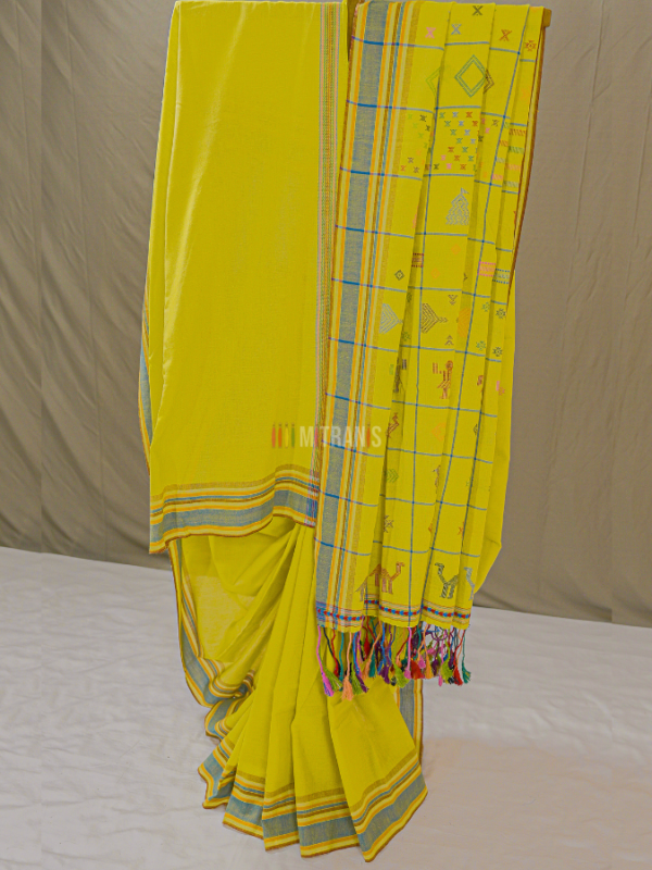Ochre Yellow Bhujodi Kala Cotton Saree with Heavy Work Pallu | Mitranis