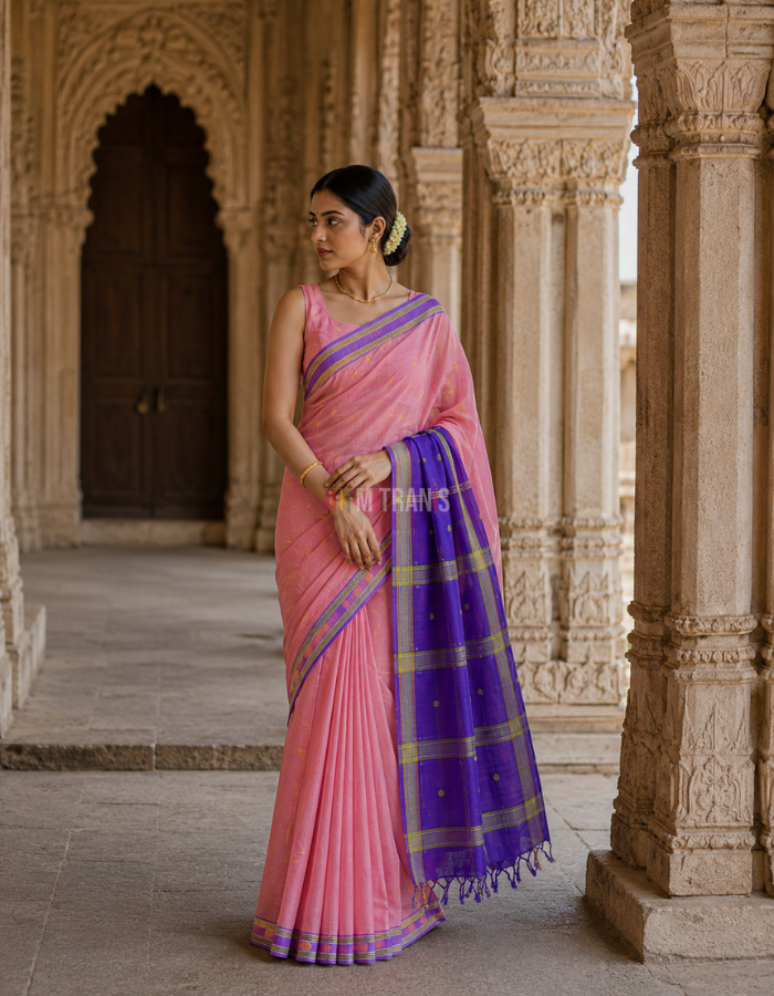 Onion Pink Udupi Cotton Saree with Yellow Floral Butis