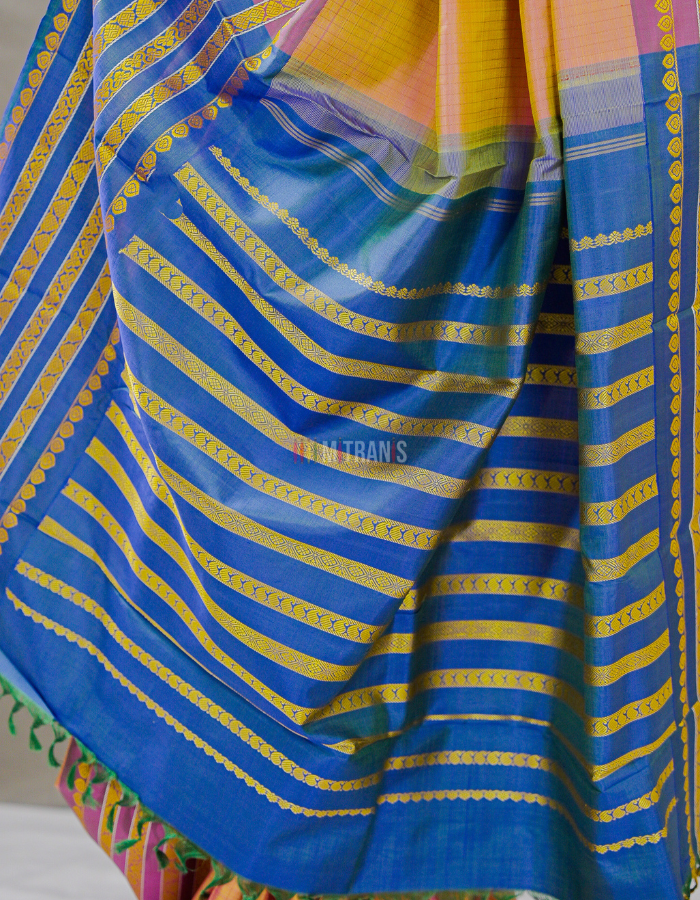 Yellow Orange Dual Tone Checked Kanjivaram Silk Saree with Purple Border - Image 3