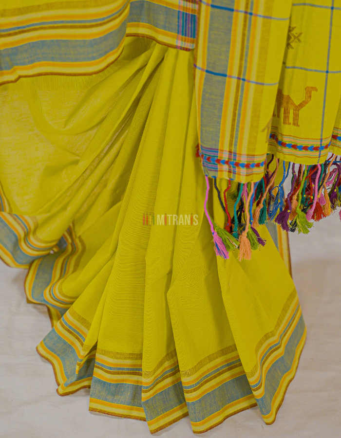 Ochre Yellow Bhujodi Kala Cotton Saree with Evil Eye Motifs - Image 2