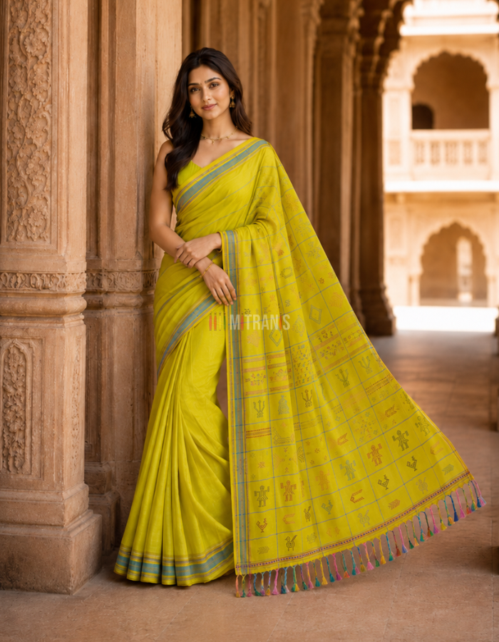 Ochre Yellow Bhujodi Kala Cotton Saree with Heavy Work Pallu - Image 5