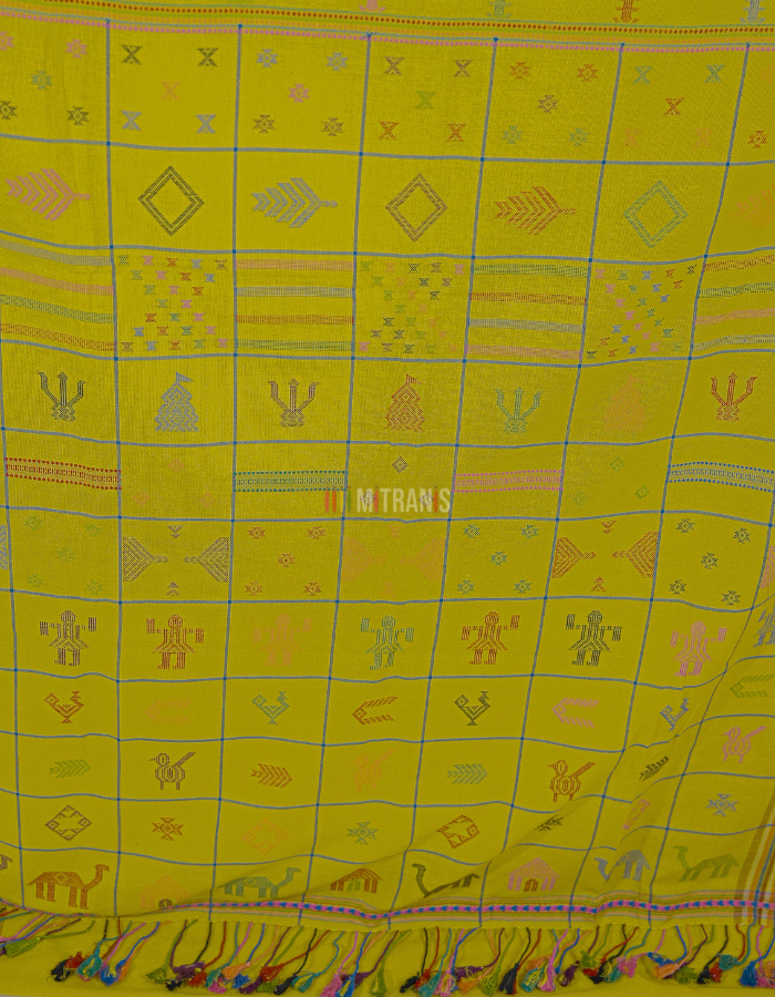 Ochre Yellow Bhujodi Kala Cotton Saree with Heavy Work Pallu - Image 4