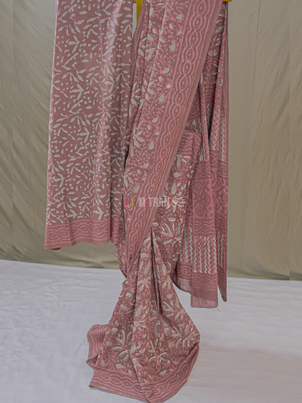 Brown Pink Grey Cotton Dabu Print Saree | Mitranis