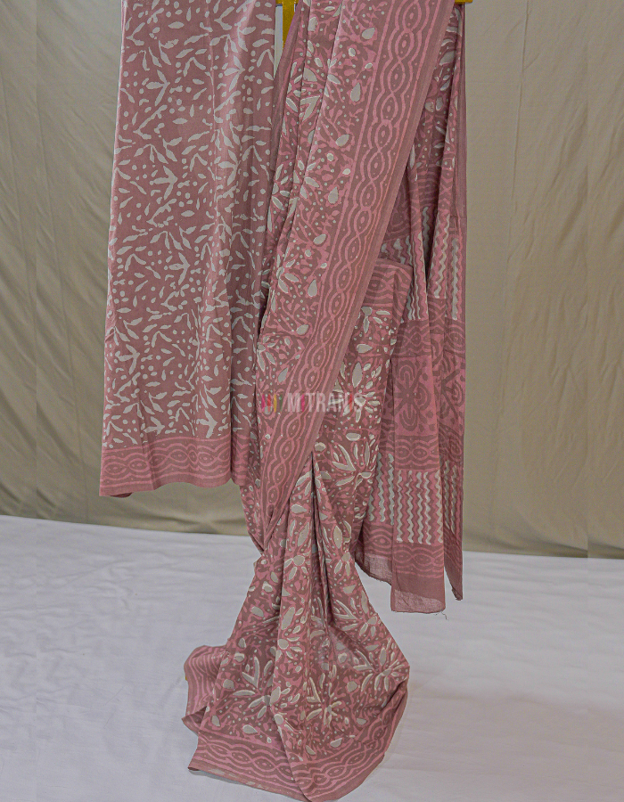Brown Pink Grey Cotton Dabu Print Saree with Jaal Motifs