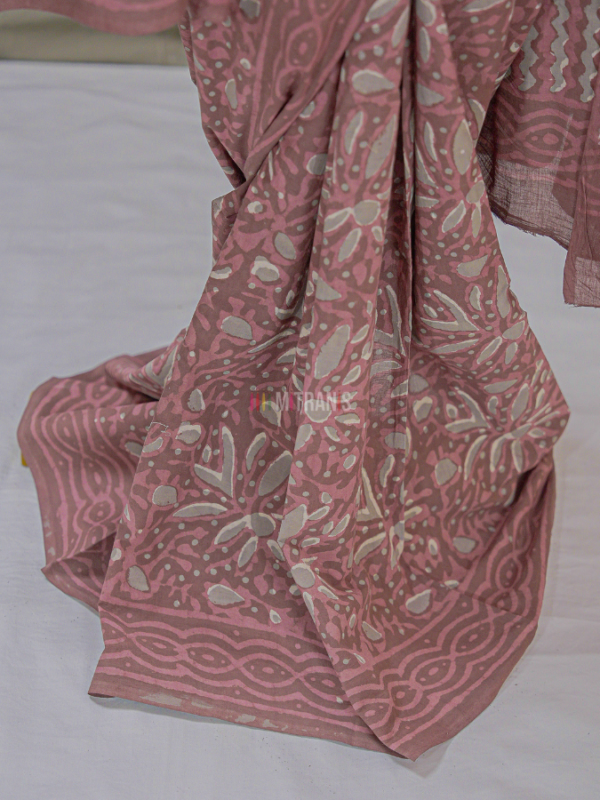 Brown Pink Grey Cotton Dabu Print Saree