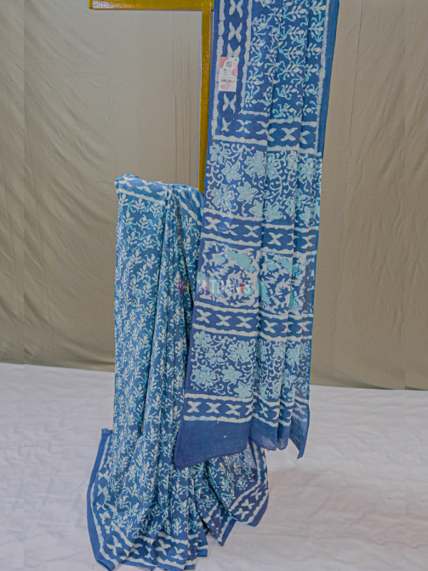Indigo Small Floral Cotton Dabu Print Saree | Mitranis
