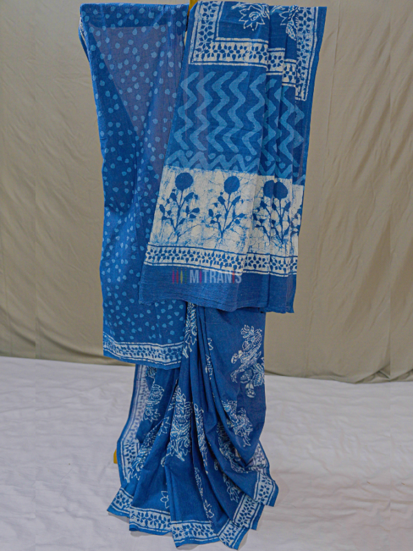 Indigo Floral Cotton Dabu Print Saree | Mitranis
