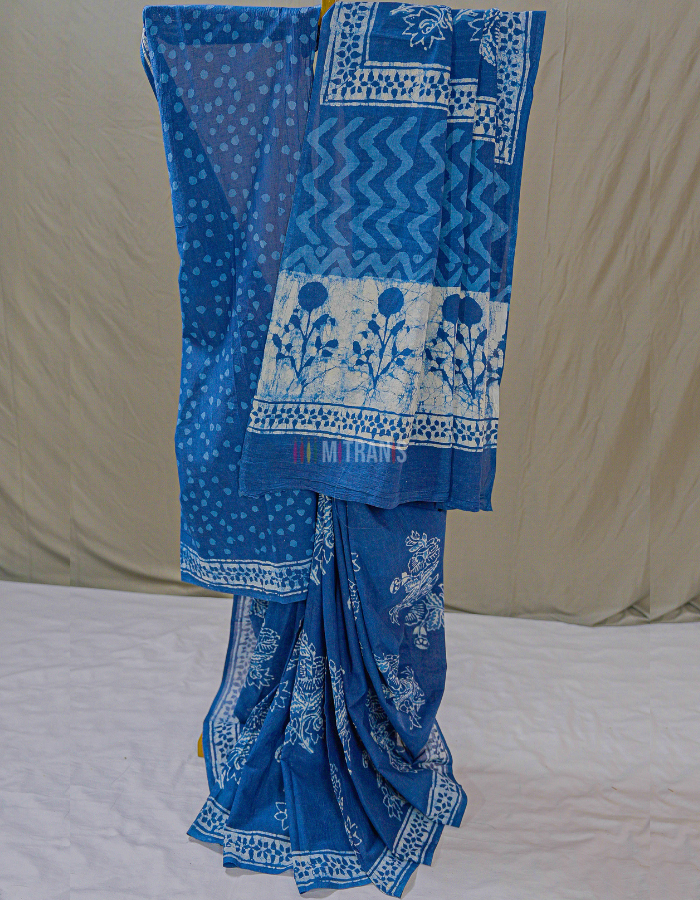 Indigo Floral Cotton Dabu Print Saree | Mitranis