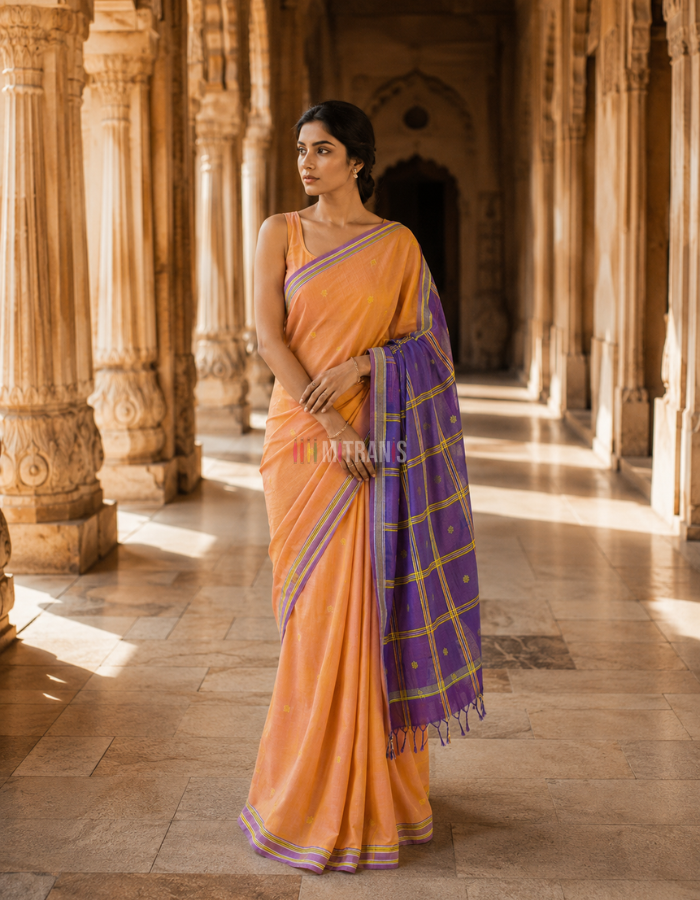 Brick Red Yellow Udupi Cotton Saree with Floral Butis