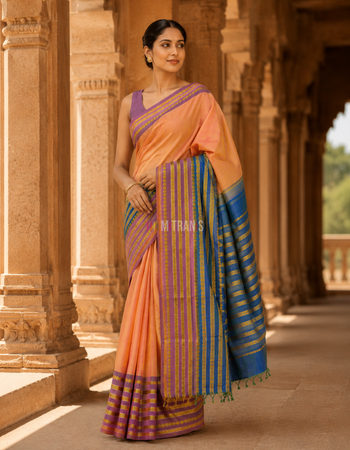 Yellow Orange Dual Tone Checked Kanjivaram Silk Saree with Purple Border - Image 4