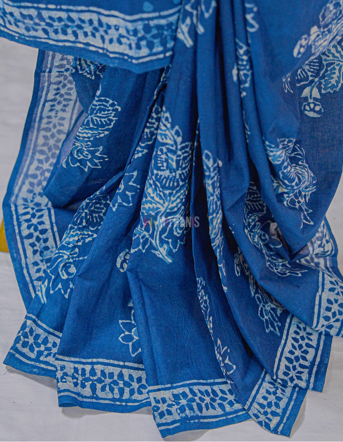 Indigo Floral Cotton Dabu Print Saree - Image 2