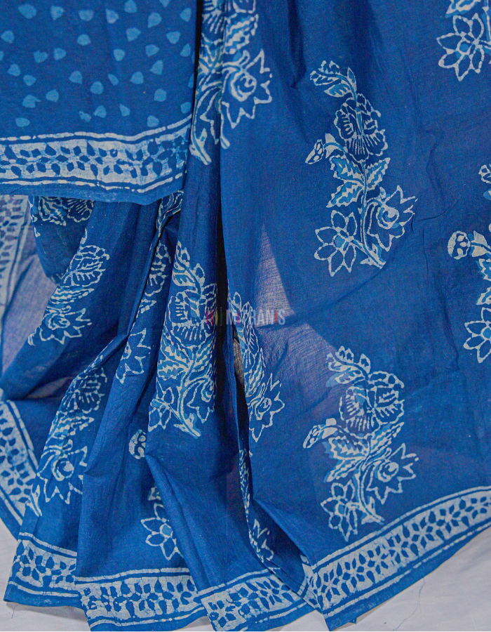 Indigo Floral Cotton Dabu Print Saree - Image 3