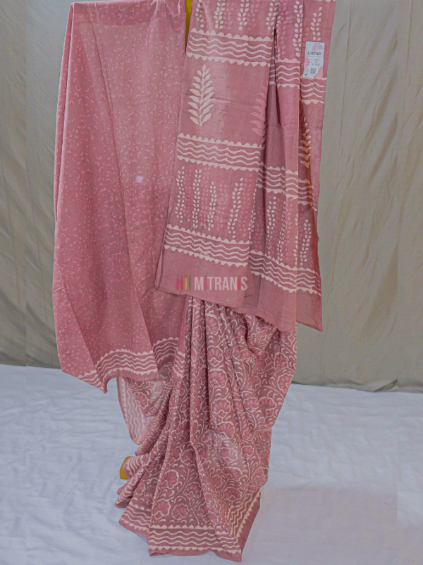 Brown Pink Floral Cotton Dabu Print Saree | Mitranis