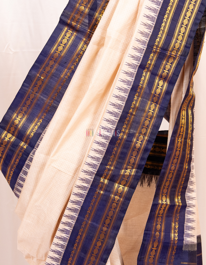 Off White and Navy Blue Cotton Gadwal Saree with Silk Border - Image 2