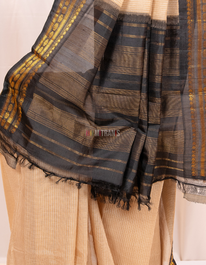 Tussar and Black Cotton Gadwal Saree with Silk Border - Image 3
