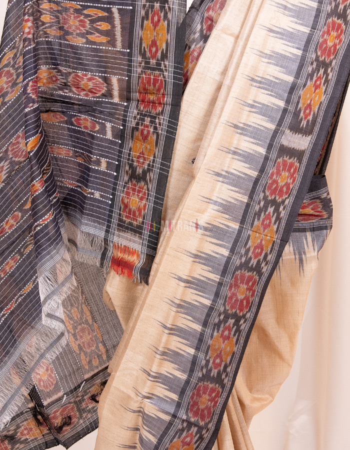 Natural Tussar Saree with Black Ikkat Temple Border - Image 3