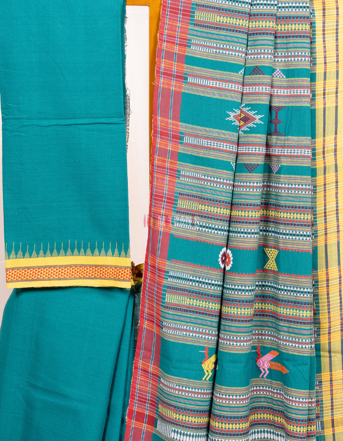 Shamrock Green Cotton Ganjam Bomkai Saree with Ganga Jamuna Border - Image 2