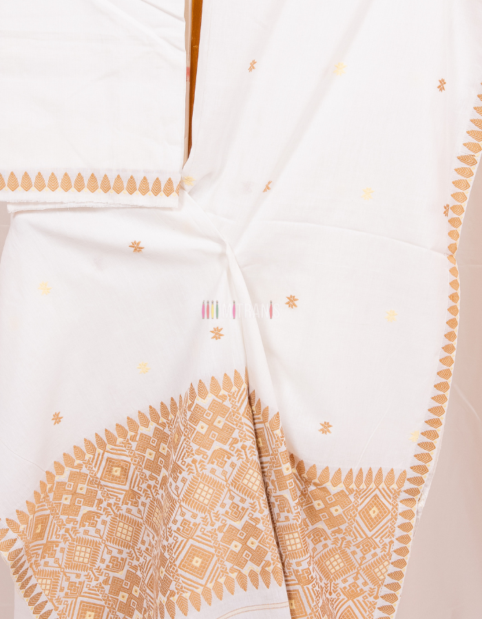 White Cotton Mekhla Chador Set with Traditional Buti Work - Image 3