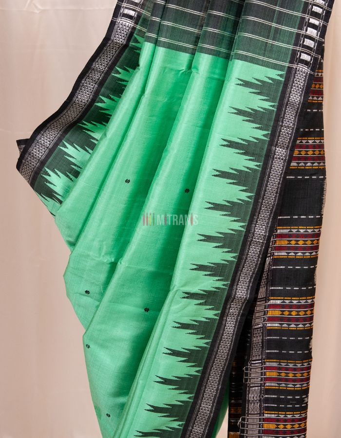 Cool Green Berhampuri Silk Saree in Pure 4 Ply Mulberry Silk - Image 2