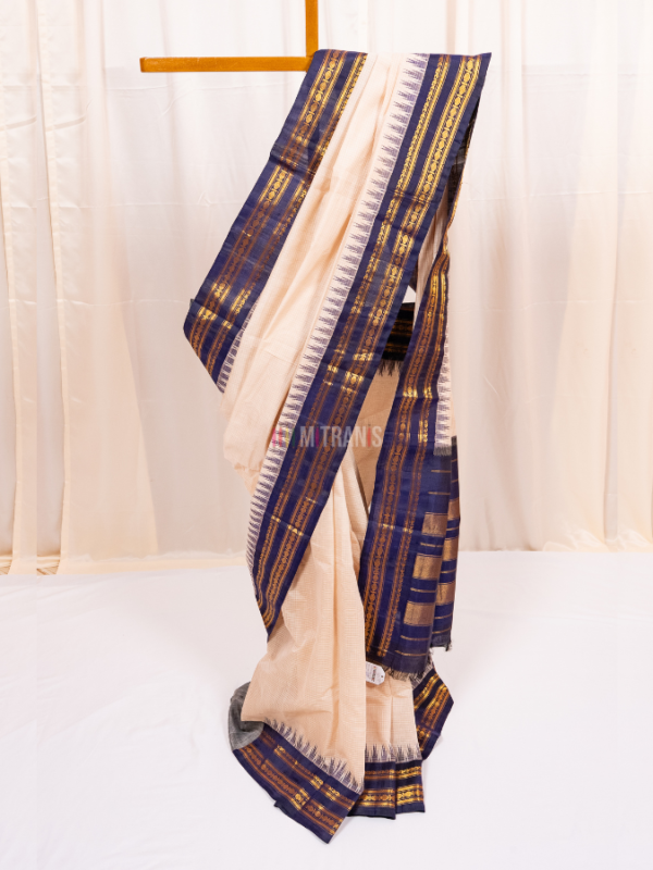 Off White and Navy Blue Cotton Gadwal Saree