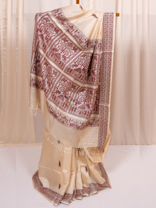 Natural Cream Kosa Silk Saree with Red Tribal Motifs