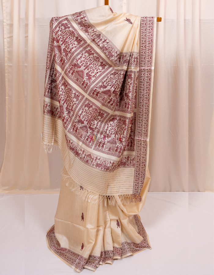 Natural Cream Kosa Silk Saree with Red Tribal Motifs