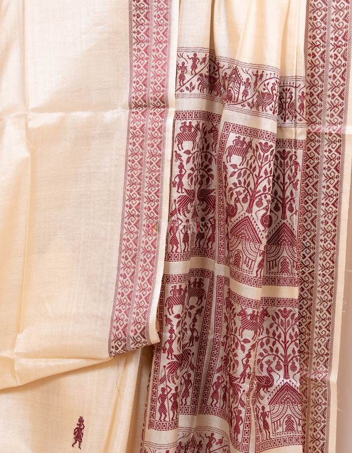 Natural Cream Kosa Silk Saree with Red Tribal Motifs - Image 2