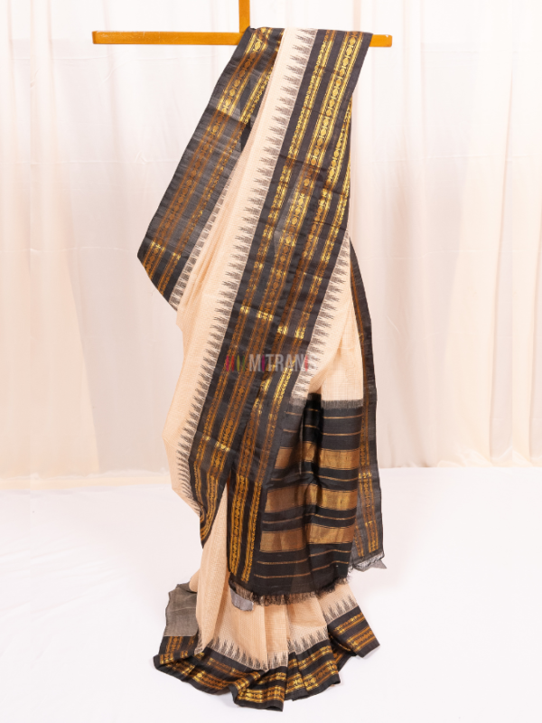 Beige Cotton Gadwal Saree with Black Temple Border