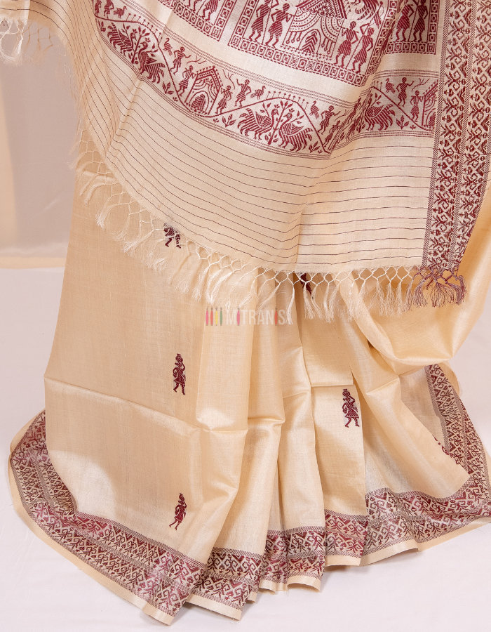 Natural Cream Kosa Silk Saree with Red Tribal Motifs - Image 3