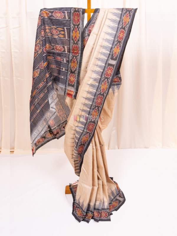 Natural Tussar Saree with Black Ikkat Temple Border
