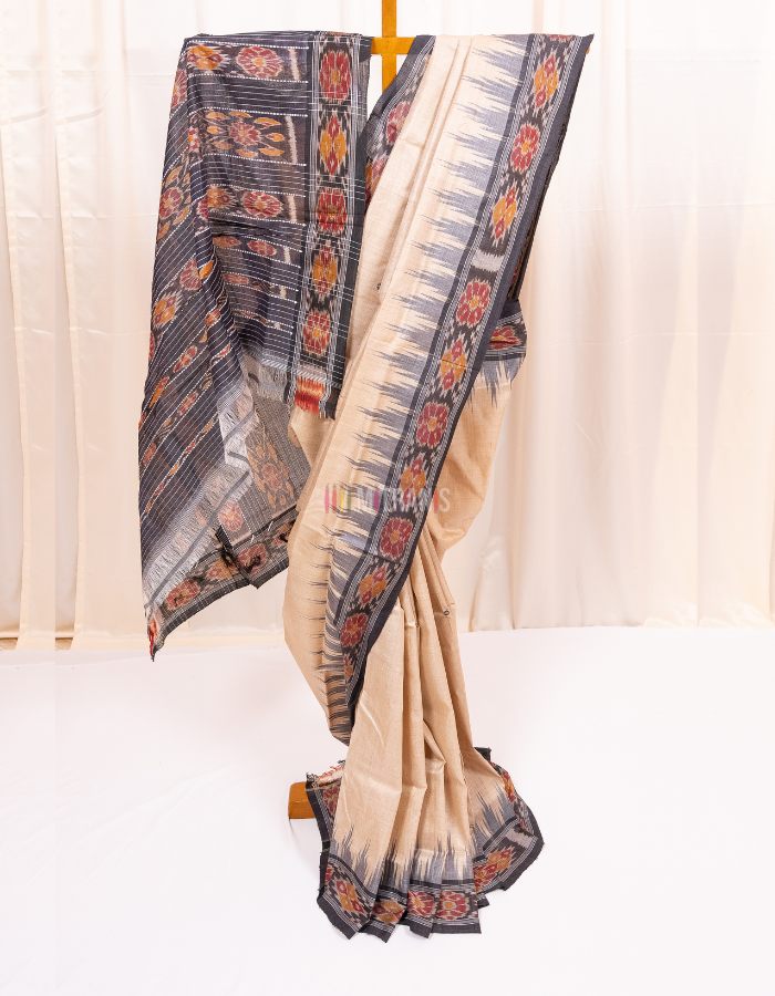 Natural Tussar Saree with Black Ikkat Temple Border