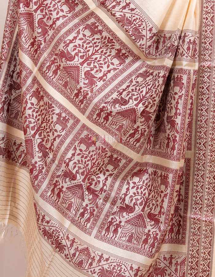 Natural Cream Kosa Silk Saree with Red Tribal Motifs - Image 4