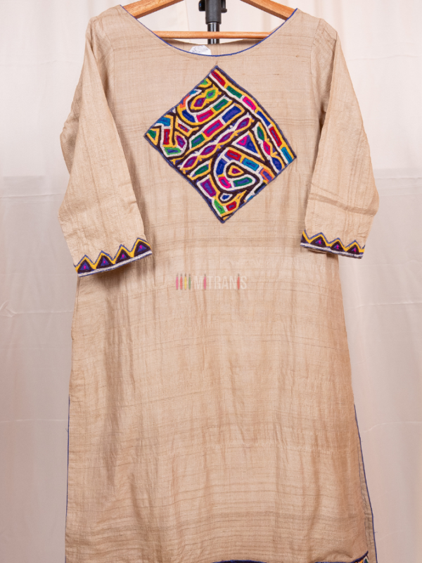 Gachi Tussar Long Dress with Kutch Embroidery Patchwork