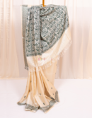 Natural Cream Kosa Silk Saree with Green Tribal Motifs