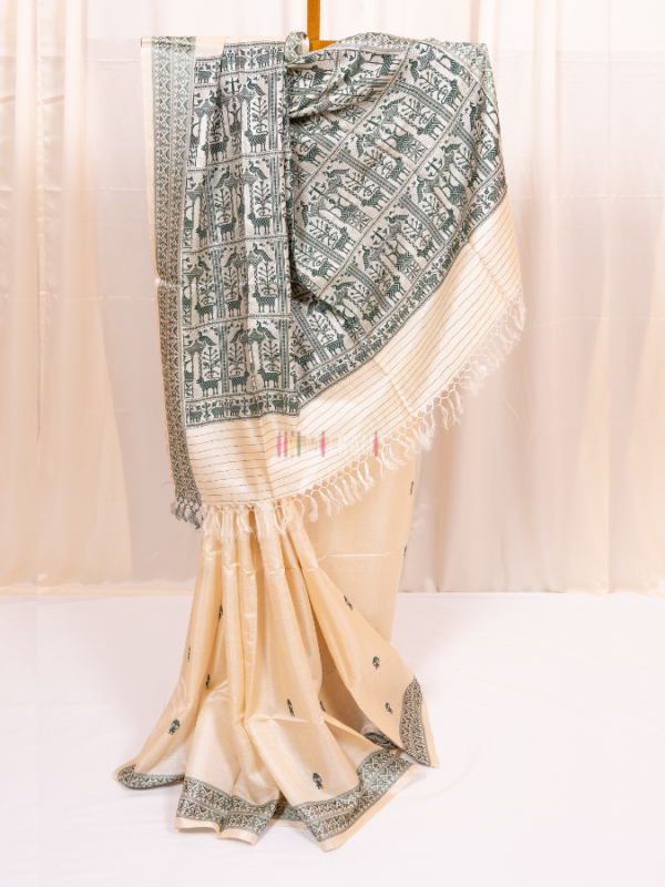 Natural Cream Kosa Silk Saree with Green Tribal Motifs