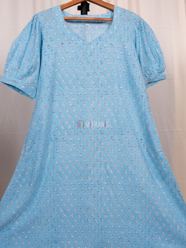 Blue Hand Block Print Cotton Long Dress