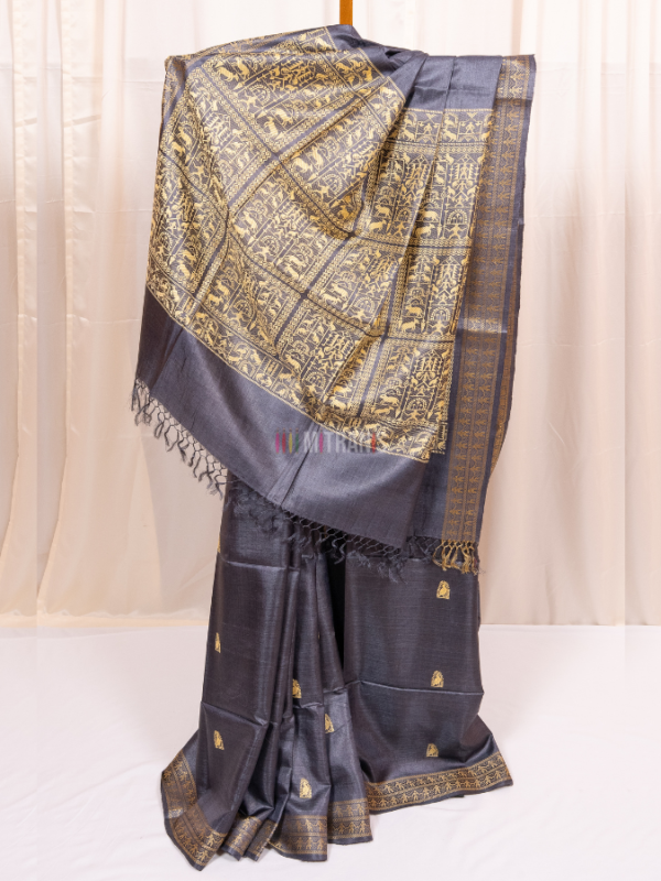 Slate Kosa Silk Saree with Tribal Motif Anchal