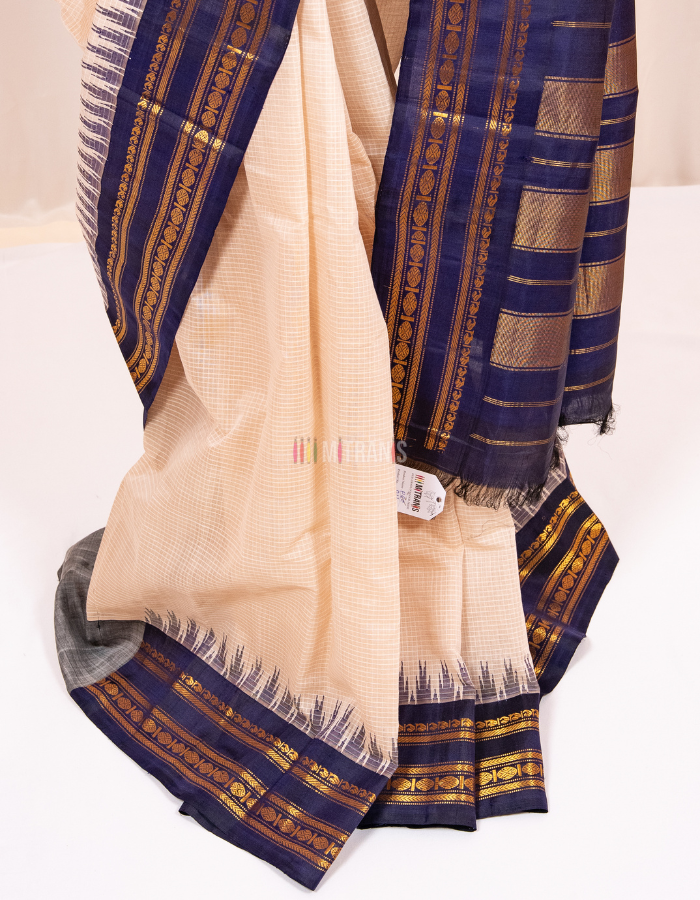 Off White and Navy Blue Cotton Gadwal Saree with Silk Border - Image 3