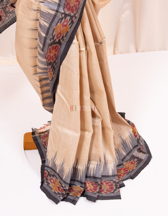 Natural Tussar Saree with Black Ikkat Temple Border - Image 2