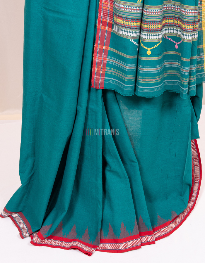 Shamrock Green Cotton Ganjam Bomkai Saree with Ganga Jamuna Border - Image 3