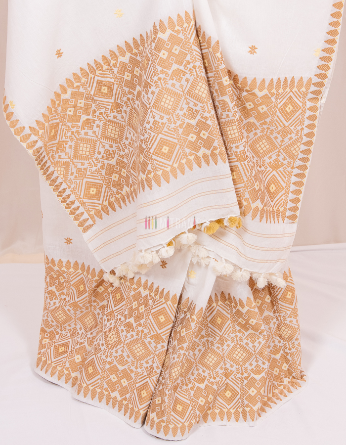 White Cotton Mekhla Chador Set with Traditional Buti Work - Image 2