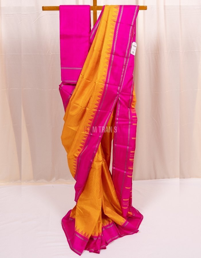 Yellow and Rani Pink Zero Zari Kanjivaram Silk Saree
