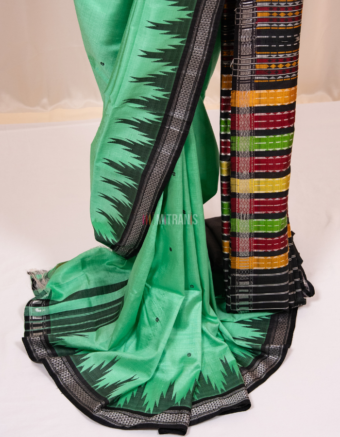 Cool Green Berhampuri Silk Saree in Pure 4 Ply Mulberry Silk - Image 3