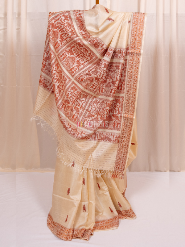 Natural Cream Kosa Silk Saree with Brick Tribal Motifs