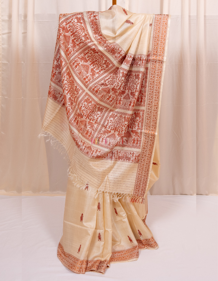 Natural Cream Kosa Silk Saree with Brick Tribal Motifs