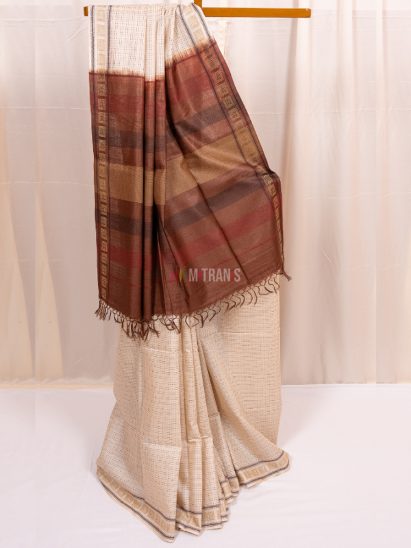 Natural Cream Kosa Silk Saree with Brown Designer Anchal
