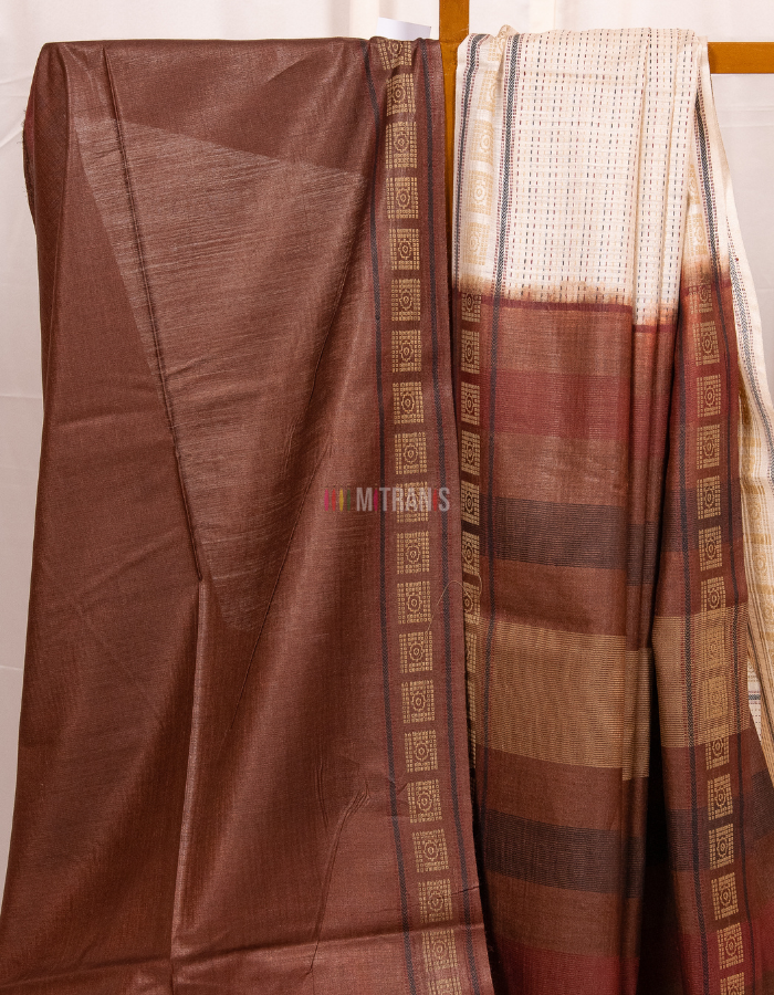 Natural Cream Kosa Silk Saree with Brown Designer Anchal - Image 2