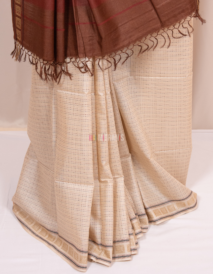 Natural Cream Kosa Silk Saree with Brown Designer Anchal - Image 3