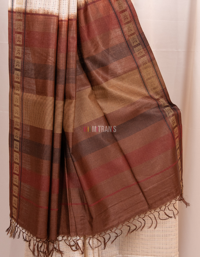 Natural Cream Kosa Silk Saree with Brown Designer Anchal - Image 4